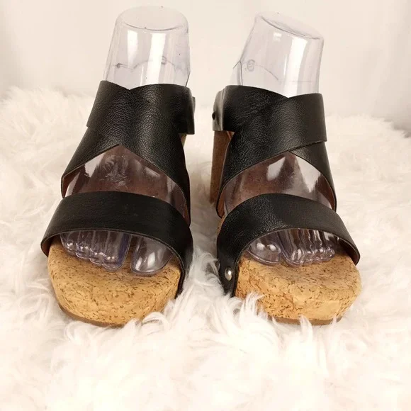 LUCKY BRAND~Black Strappy Cork Wedges~8B - Picture 3 of 9